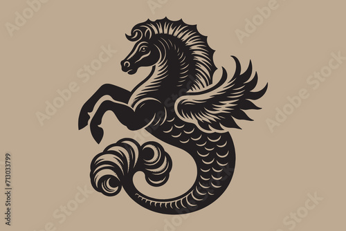Mythical creature. hippocampus,
Half horse, half fish. Sea Horse. Ancient Greek mythology. Vintage retro engraving illustration. Black icon, logo, label. isolated element. photo
