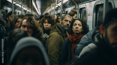 Urban Travel Hustle: Men Riding the Packed Subway, generative ai