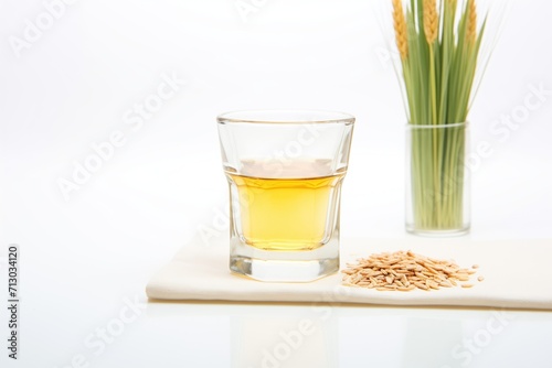 clear glass containing rejuvelac on white background with wheat grains