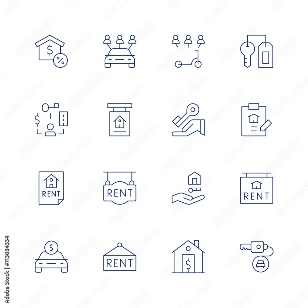 Rent line icon set on transparent background with editable stroke. Containing mortgage, scooter, carrental, ownership, key, rent, payment, housekey, carkey, contract.