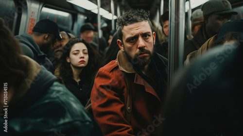 Rush Hour Saga: Men Embarking on a Crowded Train, generative ai