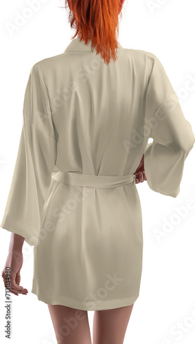 Mockup tan, nude, beige silk robe on girl, short dressing gown png, for design, back view