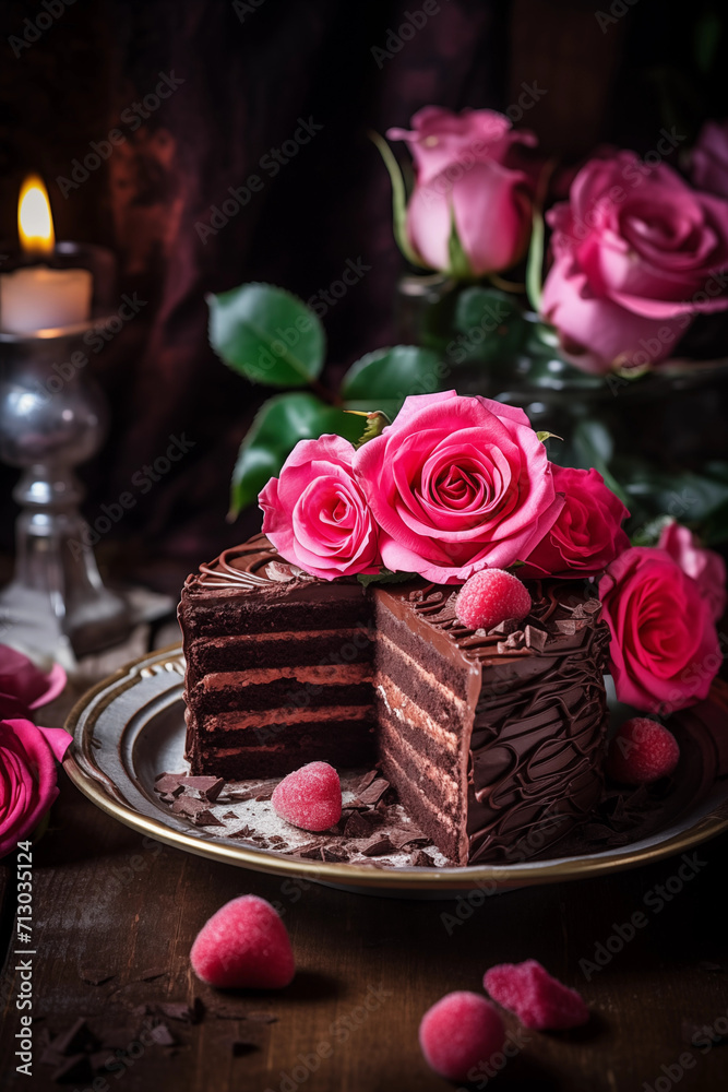 Naklejka premium Cake and flowers for Valentine's Day.