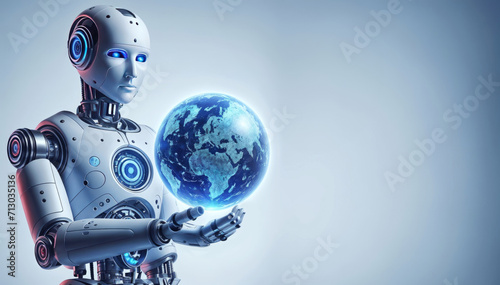 Humanoid robot holding a holographic projection of planet earth in his hand, representing the global impact of AI and robotics technology. Space for text or product display. © Mickey