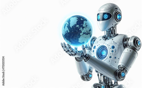 A futuristic robot with a digital globe, symbolizing the integration of advanced technology and global connectivity in the modern world. Space for text or product display. © Mickey