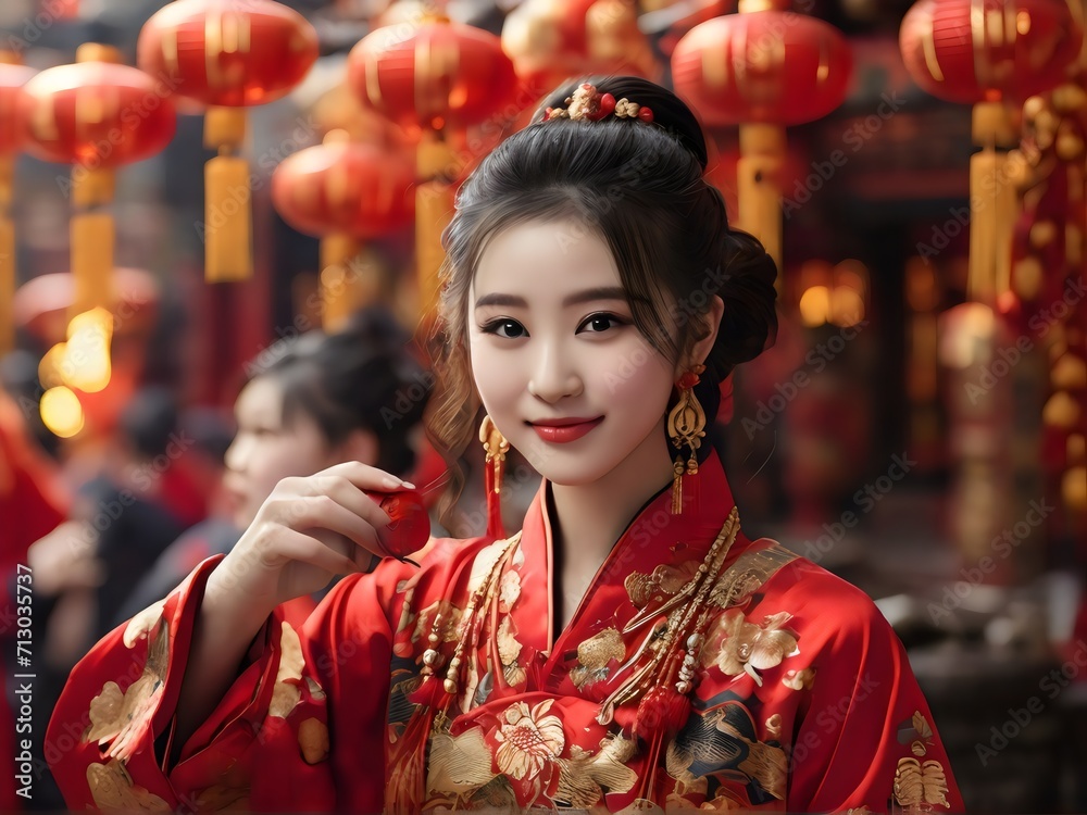 festive Chinese New Year celebration girl showcasing traditional red and gold colors with intricate decorations