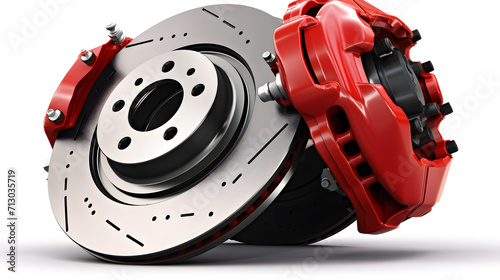 Automobile brake disk with red caliper isolated on white background photo