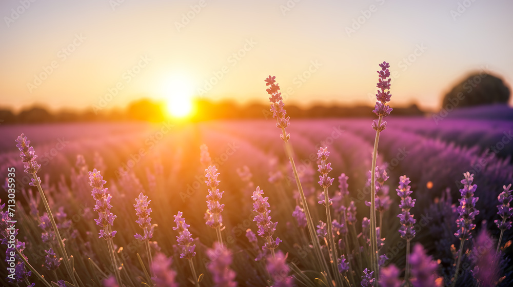 Obraz premium Sunset lavender field. Sunset over violet lavender field . lavender fields, Provence, France. vibrant ripe lavender fields in English countryside landscape