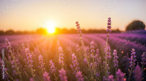 Sunset lavender field. Sunset over violet lavender field . lavender fields, Provence, France. vibrant ripe lavender fields in English countryside landscape