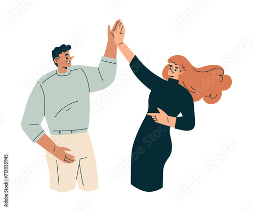 Man and Woman Character Giving High Five Hand Gesture with Joy Vector Illustration