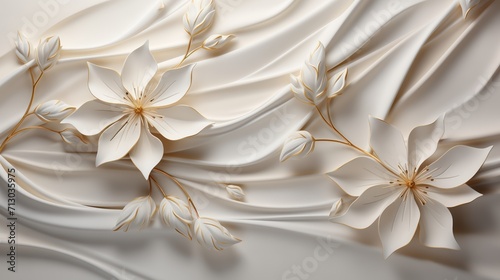 Embossed 3D flowers  gold plant  white wave background  Artificial nature  gold leaves  flower illustration  cream color