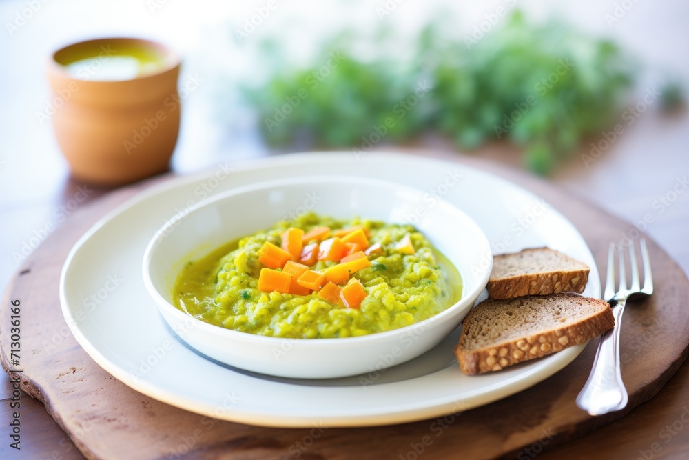 split pea soup served with side of rye bread on plate split pea soup served with side of rye bread on plate