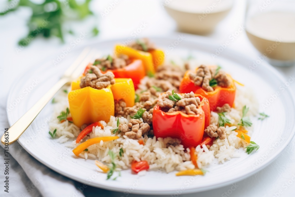 colorful peppers with rice and beef filling on a white plate colorful peppers with rice and beef filling on a white plate