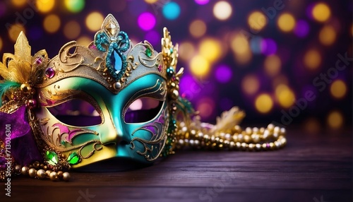 Leinwand Poster Mardi gras mask, Carnival mask decoration with soft focus light and bokeh backgr