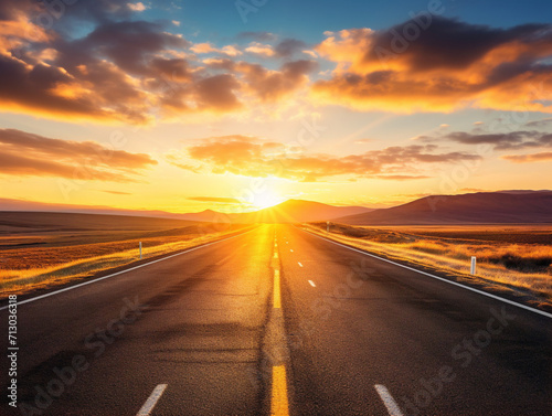 A seemingly endless open road stretching towards the distant horizon, symbolizing infinite possibilities and freedom.