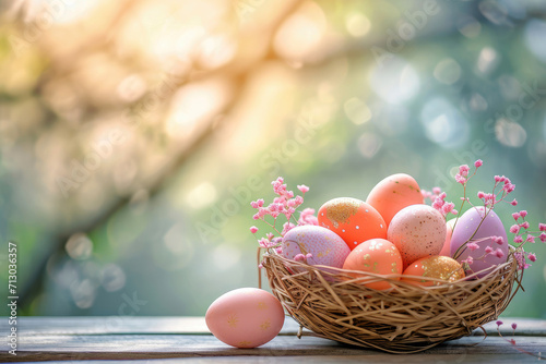 Easter basket with Easter eggs on wooden table , green background. ai generative