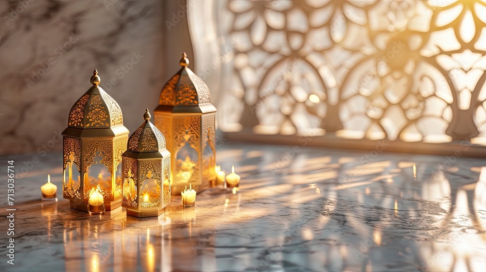 Obraz premium A mystical night scene at a mosque with hanging lanterns, a starry sky, and reflections on water, symbolizing tranquility.