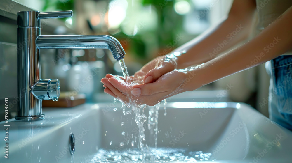 Close up shot of hands washing in the sink. Generative AI Close up shot of hands washing in the sink. Generative AI