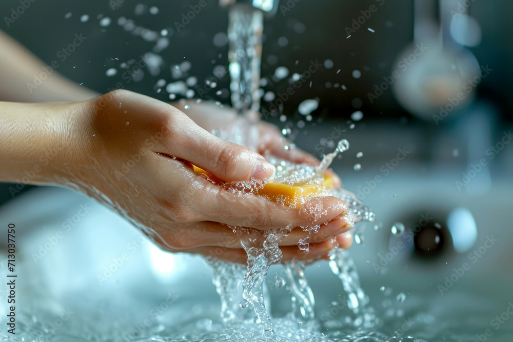 Fototapeta premium Close up shot of hands washing in the sink. Generative AI