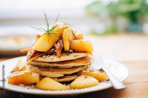 vegan pancakes with caramelized apples on top photo