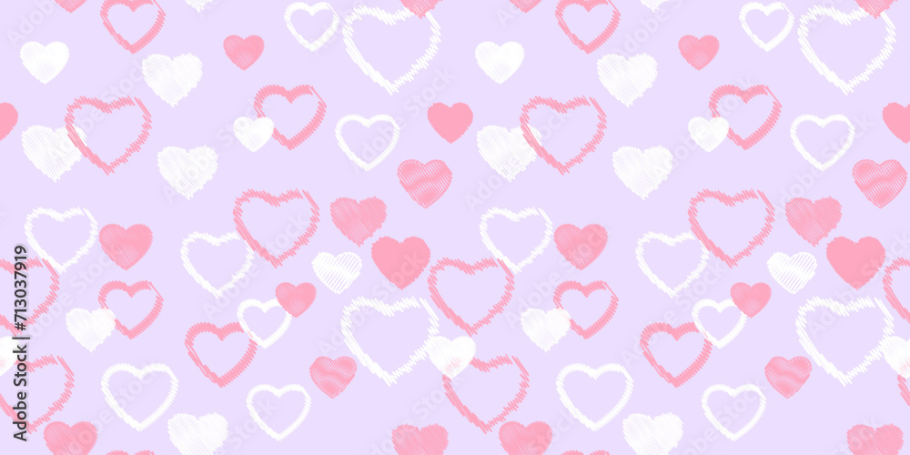 Seamless simple pattern with hand drawn vector sketch hearts. Print with set texture heart silhouettes outline. Valentine, love light pink purple background. Template for textile, fashion, print Seamless simple pattern with hand drawn vector sketch hearts. Print with set texture heart silhouettes outline. Valentine, love light pink purple background. Template for textile, fashion, print