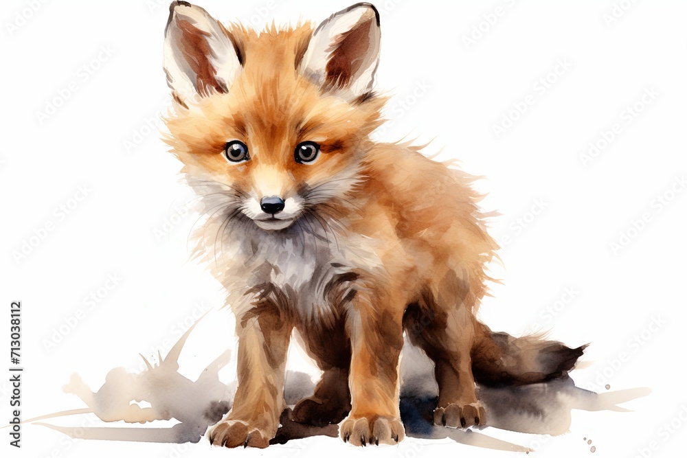 Small Fox Painting Sitting Down, Brown Fur Animal Artwork
