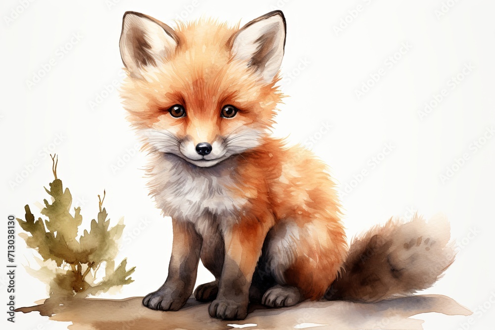 Painting of a Little Fox Sitting Next to a Plant