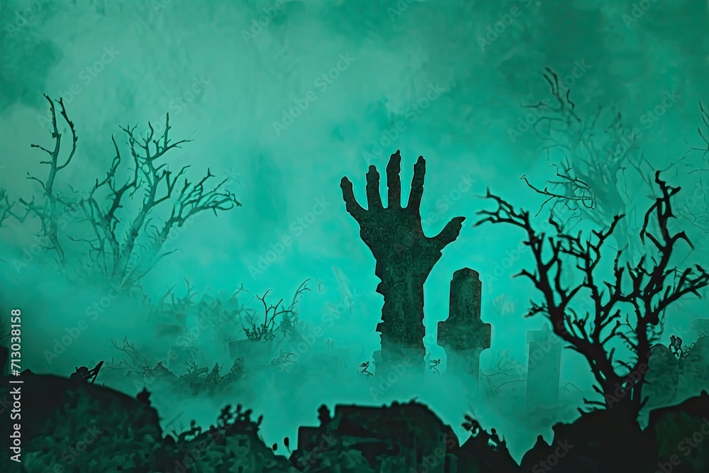 A zombie hand reaching out from a grave in a misty cemetery . Zombie hand coming out of his grave A zombie hand reaching out from a grave in a misty cemetery . Zombie hand coming out of his grave