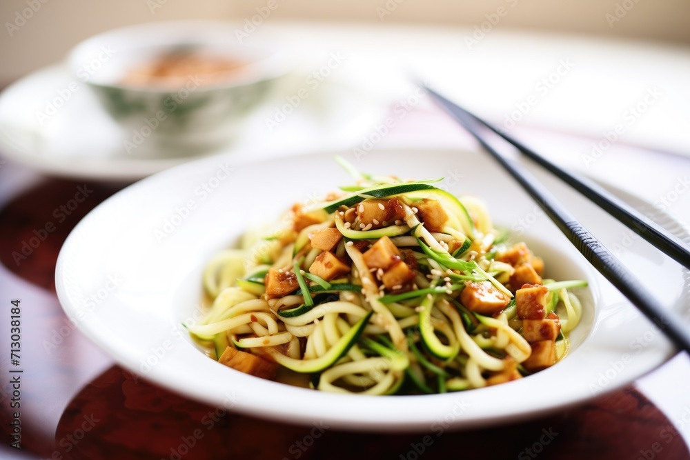 zoodles with diced tofu and soy sauce in a dish zoodles with diced tofu and soy sauce in a dish