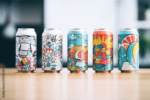 several cans with colorful mockup designs, white canvas photo
