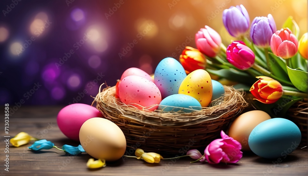 Easter eggs in a bird nest basket and tulip flowers