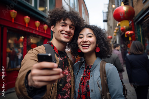 Couple Taking Selfie Street With Chinese Lanterns