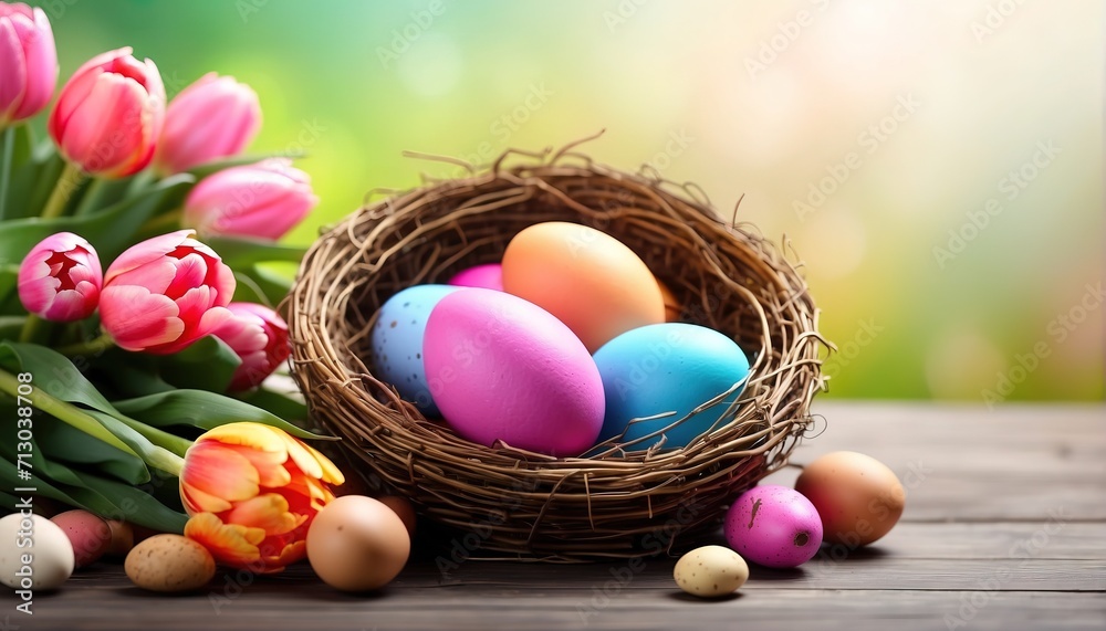 Easter eggs in a bird nest basket and tulip flowers Easter eggs in a bird nest basket and tulip flowers