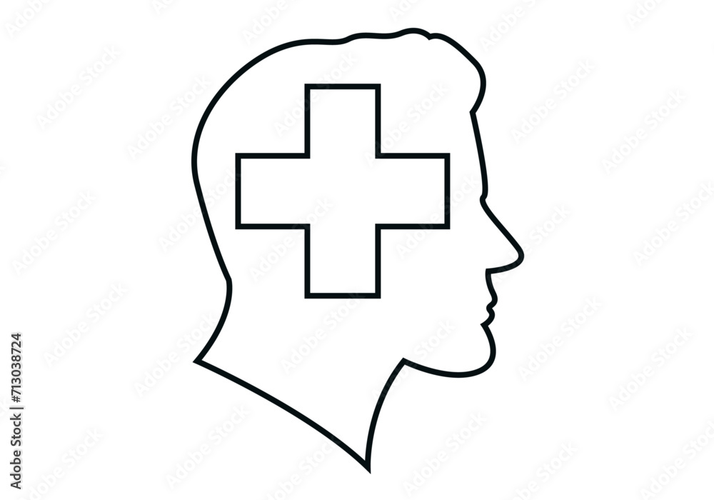 Icono negro de salud mental en fondo blanco con una cara y una cruz. Icono negro de salud mental en fondo blanco con una cara y una cruz.