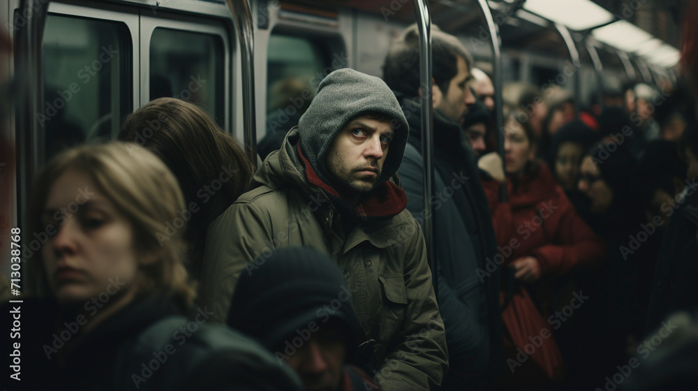 Fototapeta premium City Travel Hustle: Men on a Packed Metro Ride, Generative AI