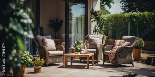 Cozy patio area with garden furniture sliding doors © Zanni