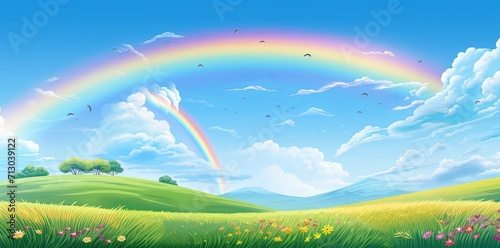 rainbows over grass in nature with sky