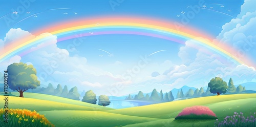 rainbows over grass in nature with sky