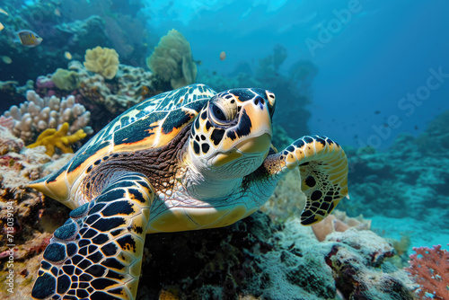 Sea turtle swims under water. Generative AI.