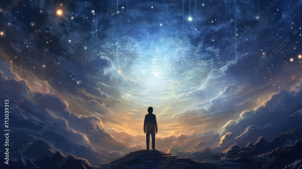 Man on Mountain, A Majestic Encounter With Star-Filled Skies