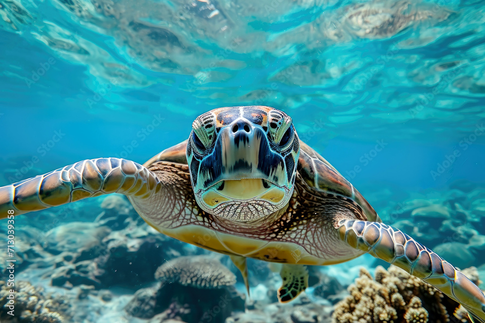 Fototapeta premium Sea turtle swims under water. Generative AI.