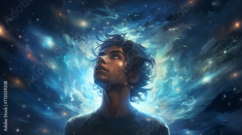 Man Standing With Closed Eyes in Front of Galaxy Background