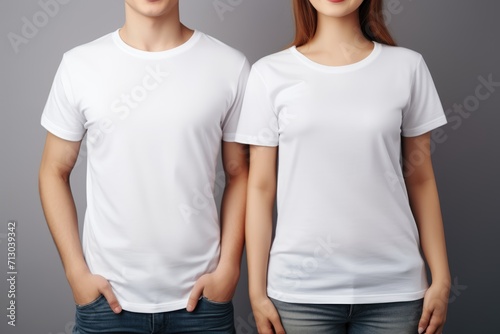 closeup of young woman and man in blank white shirt mockup. Copy space design for branding clothes. White t shirt design fashion concept
