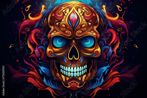Colorful Skull With Blue Eyes on Black Background