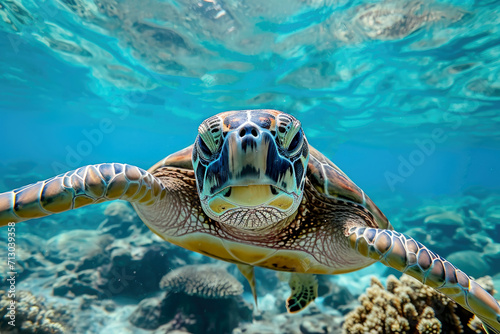 Sea turtle swims under water. Generative AI. photo