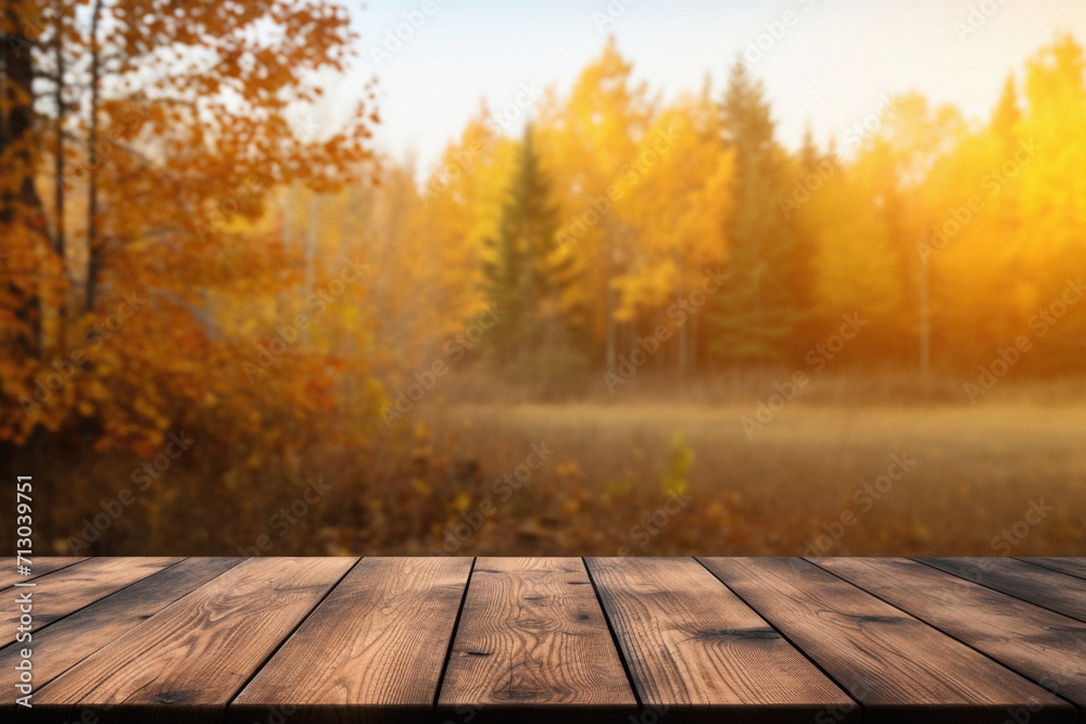 Empty blank wooden table fall background with autumn trees orange yellow color leaves backdrop forest or park nature scene abstract blurred bokeh tabletop for product display desk mockup. Copy space. Empty blank wooden table fall background with autumn trees orange yellow color leaves backdrop forest or park nature scene abstract blurred bokeh tabletop for product display desk mockup. Copy space.