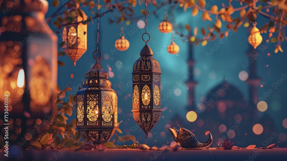A mystical night scene at a mosque with hanging lanterns, a starry sky, and reflections on water, symbolizing tranquility. A mystical night scene at a mosque with hanging lanterns, a starry sky, and reflections on water, symbolizing tranquility.
