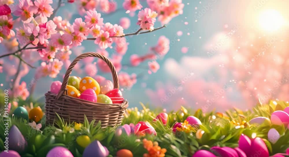 Easter basket with eggs against a blossoming branch. Easter basket with eggs against a blossoming branch.