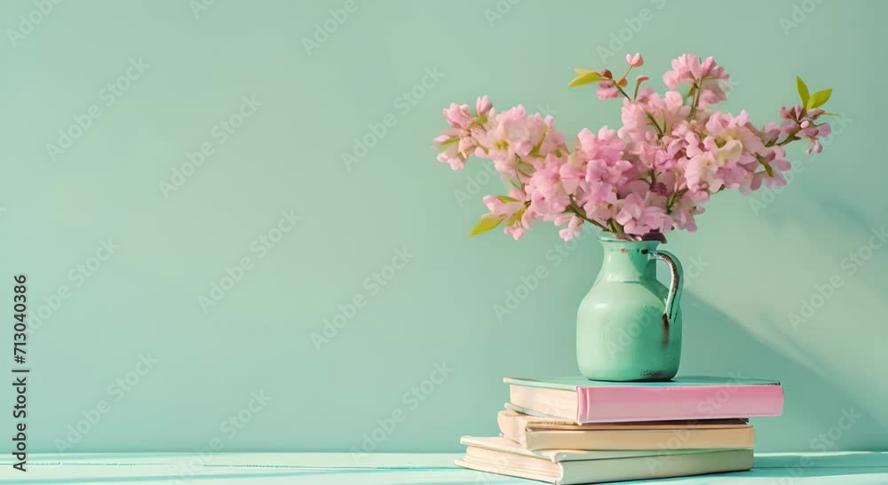 Vase with spring flowers on books. Concept of tranquility 