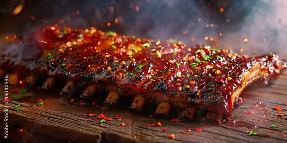 Baked ribs with spices and herbs, sparks from the grill. 